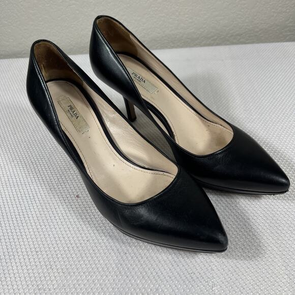 Prada Black Leather Pointed Toe Platform Pumps Size 37.5 US 7 - Picture 2 of 13